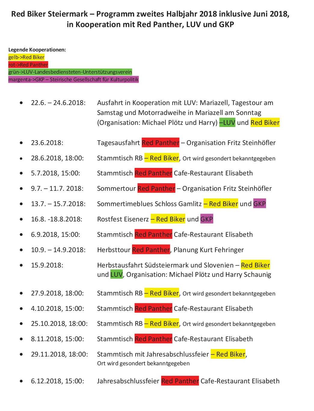 Red Biker Stmk. Programm zweites Halbjahr 2018